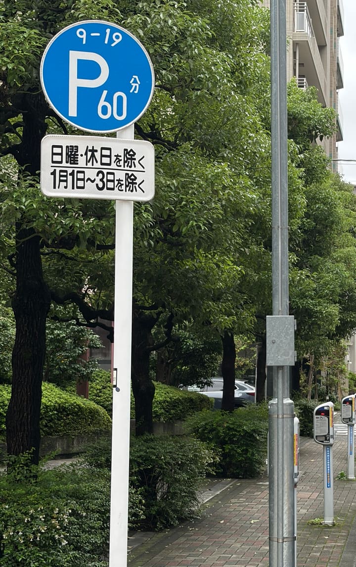 Round blue parking sign reading 9-19, P, 60分, with a plate below reading 日曜・休日を除く and 1月1日〜3日を除く; parking meters line the sidewalk behind it